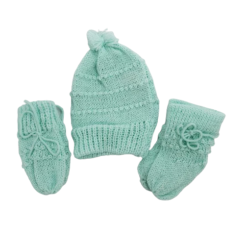 Kit 15 peças ou 3 Conjuntos de Touca Sapato Luva de Lã para Bebê Recém-Nascido (Gorro Sapatinho Luvinha) Cores Lisas