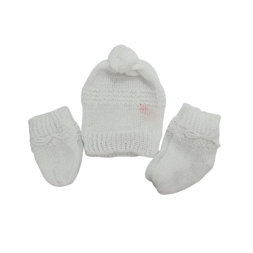 Kit 15 peças ou 3 Conjuntos de Touca Sapato Luva de Lã para Bebê Recém-Nascido (Gorro Sapatinho Luvinha) Cores Lisas