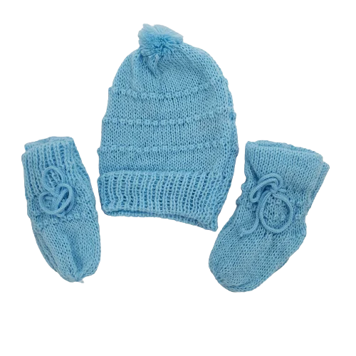Kit 15 peças ou 3 Conjuntos de Touca Sapato Luva de Lã para Bebê Recém-Nascido (Gorro Sapatinho Luvinha) Cores Lisas