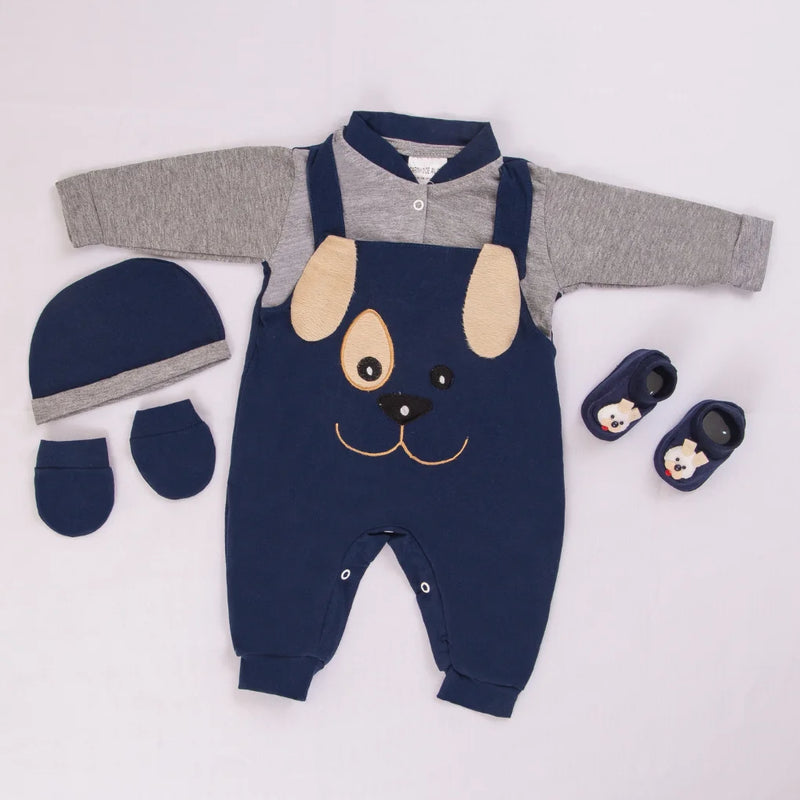 Macacão Saída de Maternidade Menina Cachorrinha Azul Marinho com Sapatinho Kit Delicado Confortável Chegada do Bebê Roupinha