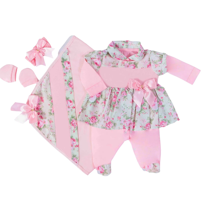 Saída de Maternidade Vestido Floral RN 100% Algodão com Macacão Manta Faixa e Luvinhas para Bebê Confortável e Completa