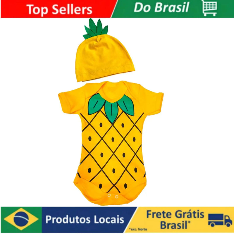 Body Bebe Manga Curta Estampas Divertidas Frutas Abacaxi + Gorro Roupinhas Tematicas