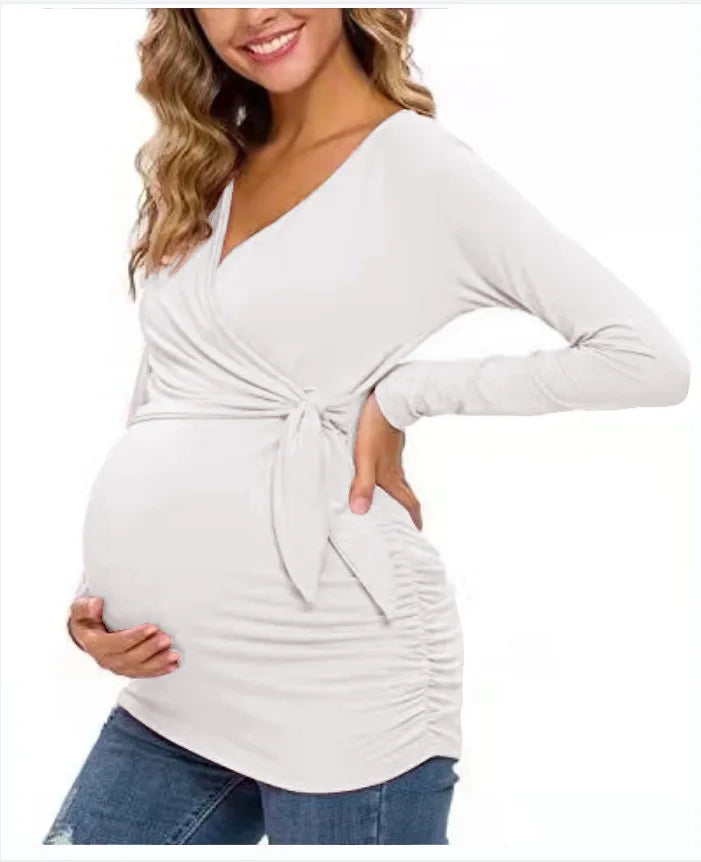 Roupa de maternidade camiseta roupa de maternidade primavera e outono topos de amamentação com decote em v sexy partes superiores grávidas amamentação