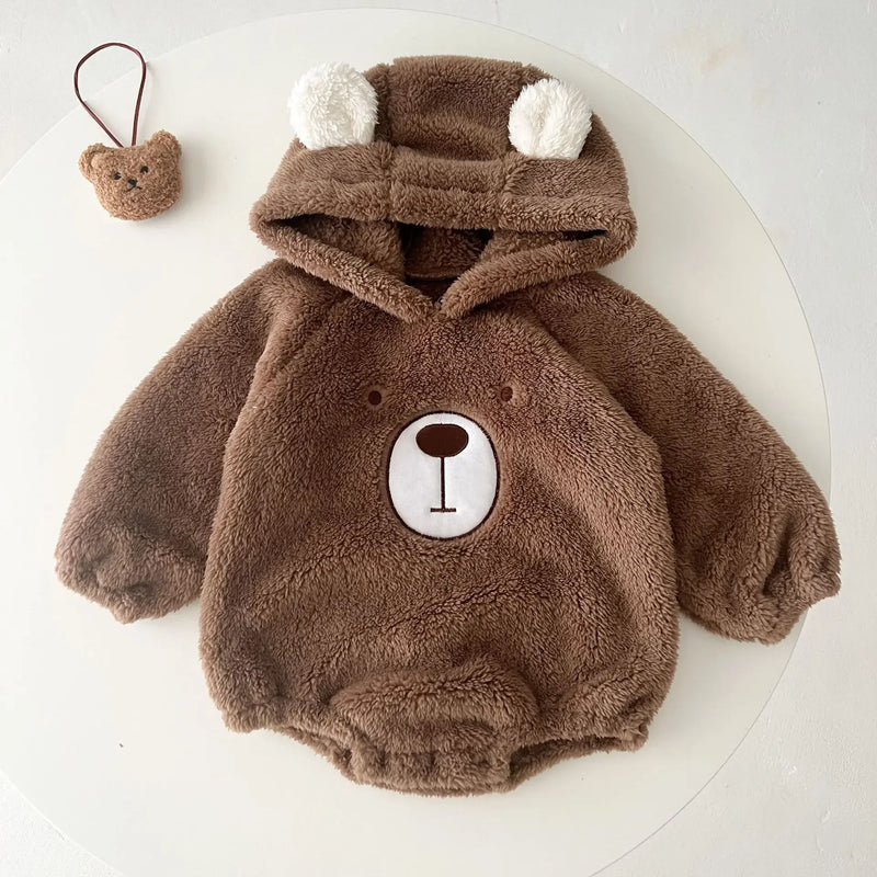 Baby Autumn Winter Clothes Romper Clothes Cute Hooded Bear Baby Plush Romper Clothes Warm Double-Sided Velvet Jumpsuit