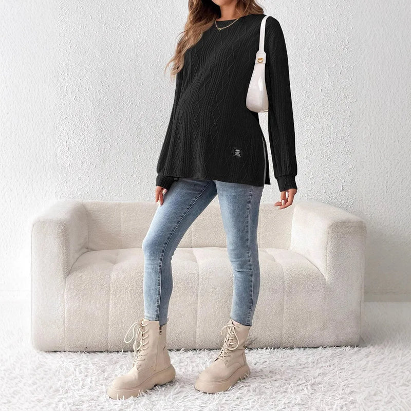 Mulheres grávidas roupas camisetas roupas para grávidas usam em torno do pescoço manga longa monocromático lazer diário camiseta