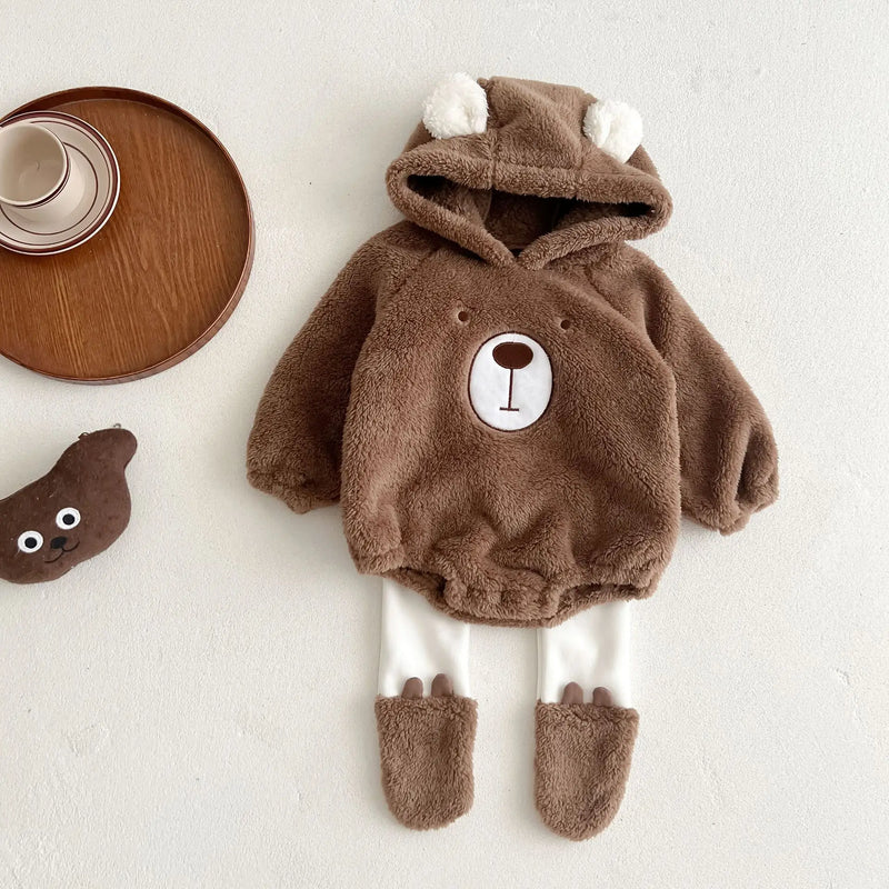 Baby Autumn Winter Clothes Romper Clothes Cute Hooded Bear Baby Plush Romper Clothes Warm Double-Sided Velvet Jumpsuit