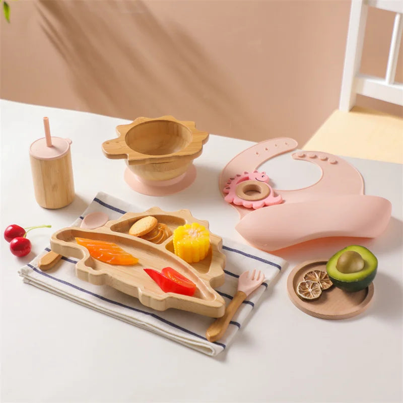 Conjunto de alimentação de talheres de madeira para bebês, prato de dinossauro de bambu, tigela de silicone, cabo de madeira, colher frok, utensílios de jantar para bebês, suprimentos de alimentação