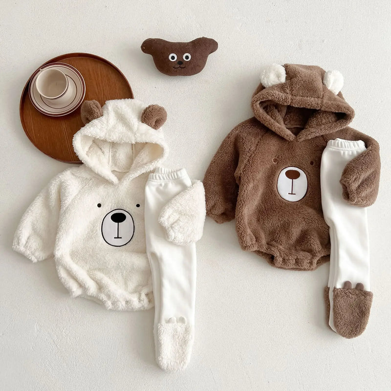 Baby Autumn Winter Clothes Romper Clothes Cute Hooded Bear Baby Plush Romper Clothes Warm Double-Sided Velvet Jumpsuit