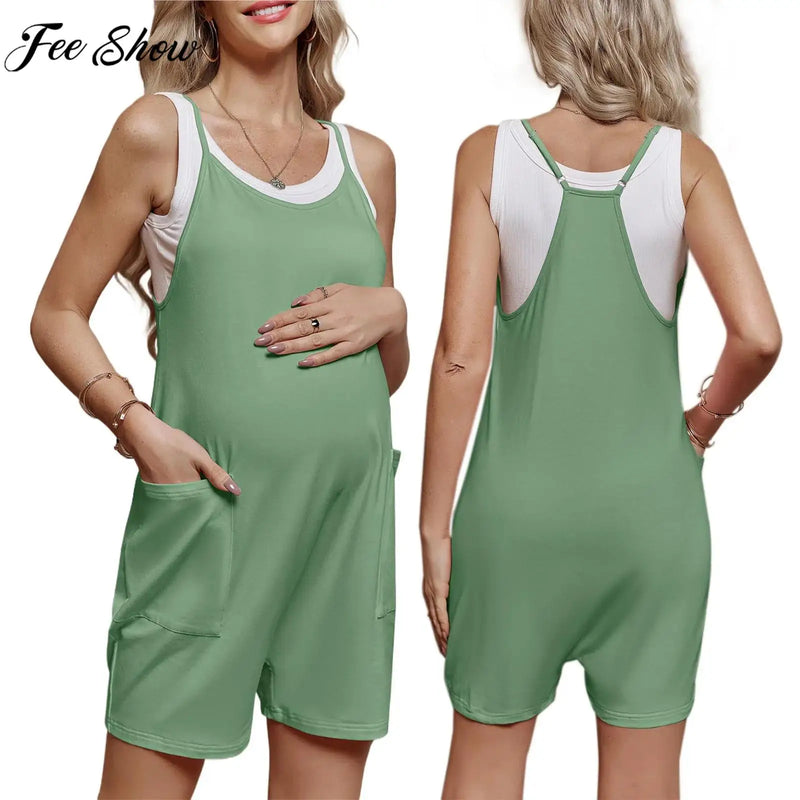 Calções sem mangas para mulheres grávidas macacão, macacão para maternidade, bodysuit casual com bolsos, trabalho diário, casa, praia, verão