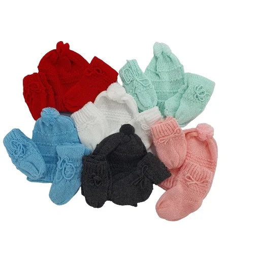 Kit 15 peças ou 3 Conjuntos de Touca Sapato Luva de Lã para Bebê Recém-Nascido (Gorro Sapatinho Luvinha) Cores Lisas