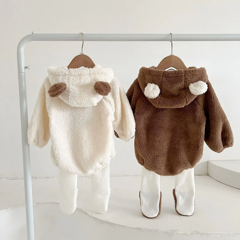 Baby Autumn Winter Clothes Romper Clothes Cute Hooded Bear Baby Plush Romper Clothes Warm Double-Sided Velvet Jumpsuit