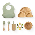 Conjunto de alimentação de talheres de madeira para bebês, prato de dinossauro de bambu, tigela de silicone, cabo de madeira, colher frok, utensílios de jantar para bebês, suprimentos de alimentação