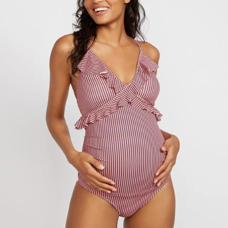 Roupa de banho para maternidade feminina 2025 novo verão praia biquíni listrado impressão banho uma peça gravidez beach wear maiô moda