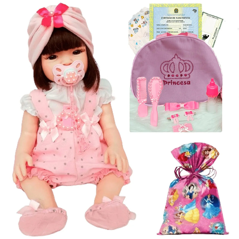 Bebê Reborn Menina 100% Silicone 48CM + Enxoval Completo + Bolsa Pode Dar banho