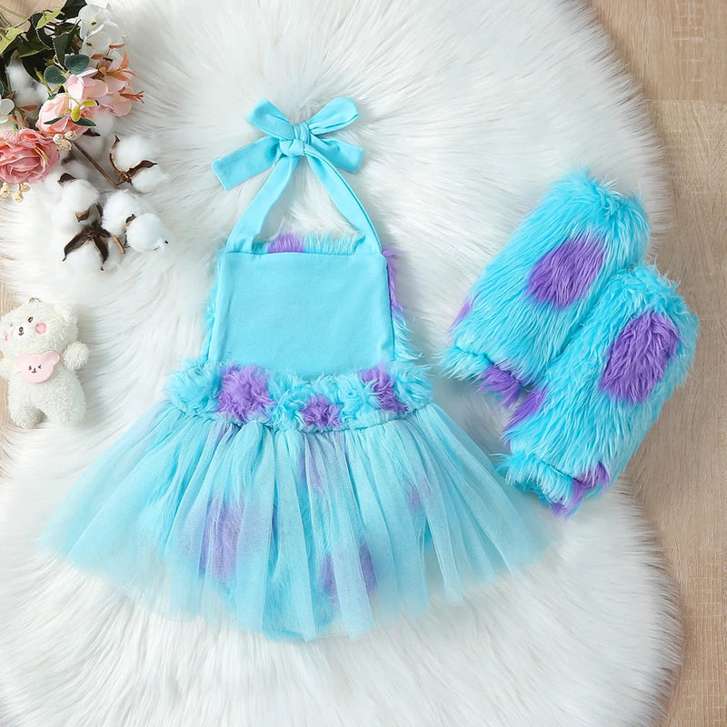 0-3Years Infant Girl Bodysuit Tie-Up Halter Neck Mesh Hem Backless Print Fur Jumpsuits with Leg Warmers