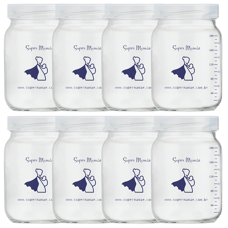 Kit Com 8 Potes De Vidro Para Guardar Leite Materno De 200ml Graduados
