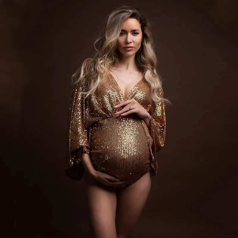 Bodysuits lantejoulas para fotografia maternidade, V-Neck, Boho, macacões gravidez lantejoulas, luxuoso