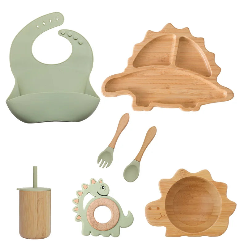 Conjunto de alimentação de talheres de madeira para bebês, prato de dinossauro de bambu, tigela de silicone, cabo de madeira, colher frok, utensílios de jantar para bebês, suprimentos de alimentação