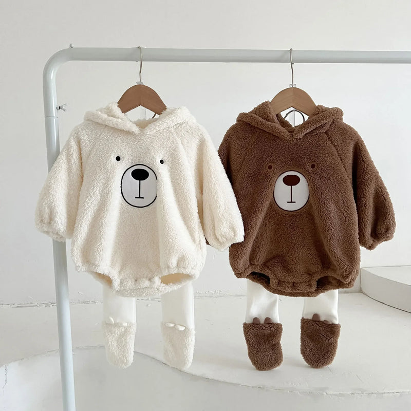 Baby Autumn Winter Clothes Romper Clothes Cute Hooded Bear Baby Plush Romper Clothes Warm Double-Sided Velvet Jumpsuit