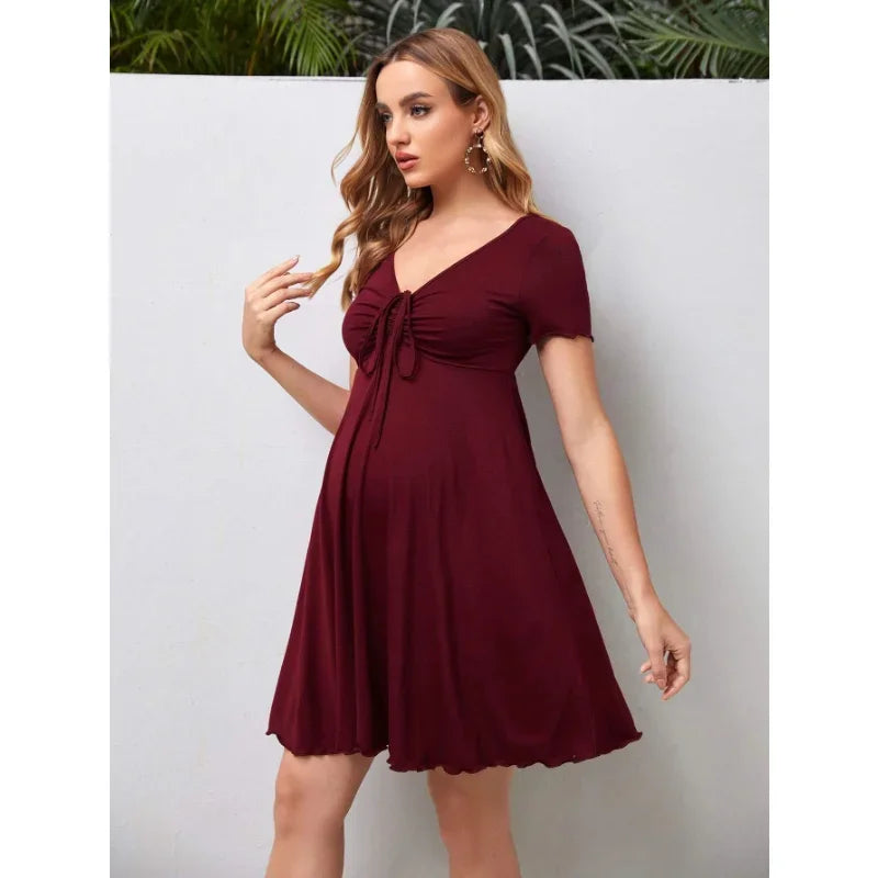 Vestidos de maternidade com decote em v para mulheres grávidas, roupa casual, solta, cor pura, plus size, novo, quente, verão, 2024