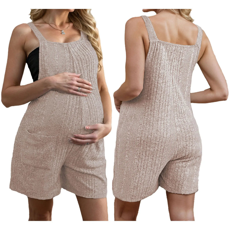 Mulheres grávidas calções elásticos sem mangas macacão, bodysuit casual com bolso, streetwear, sleepwear, homewear, macacão de verão