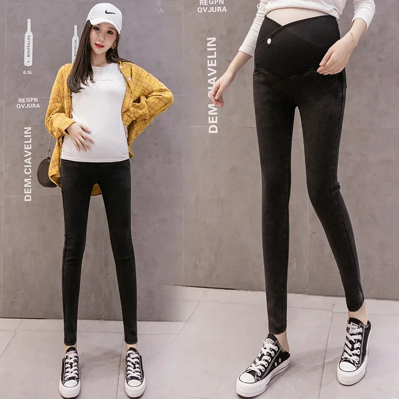 Jeans maternidade de cintura baixa feminina, calças lápis finas elásticas, calças de gravidez, roupas magras para mulheres grávidas