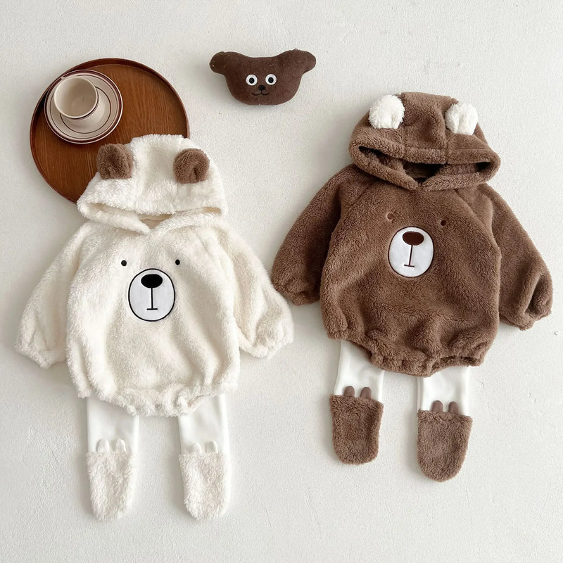 Baby Autumn Winter Clothes Romper Clothes Cute Hooded Bear Baby Plush Romper Clothes Warm Double-Sided Velvet Jumpsuit