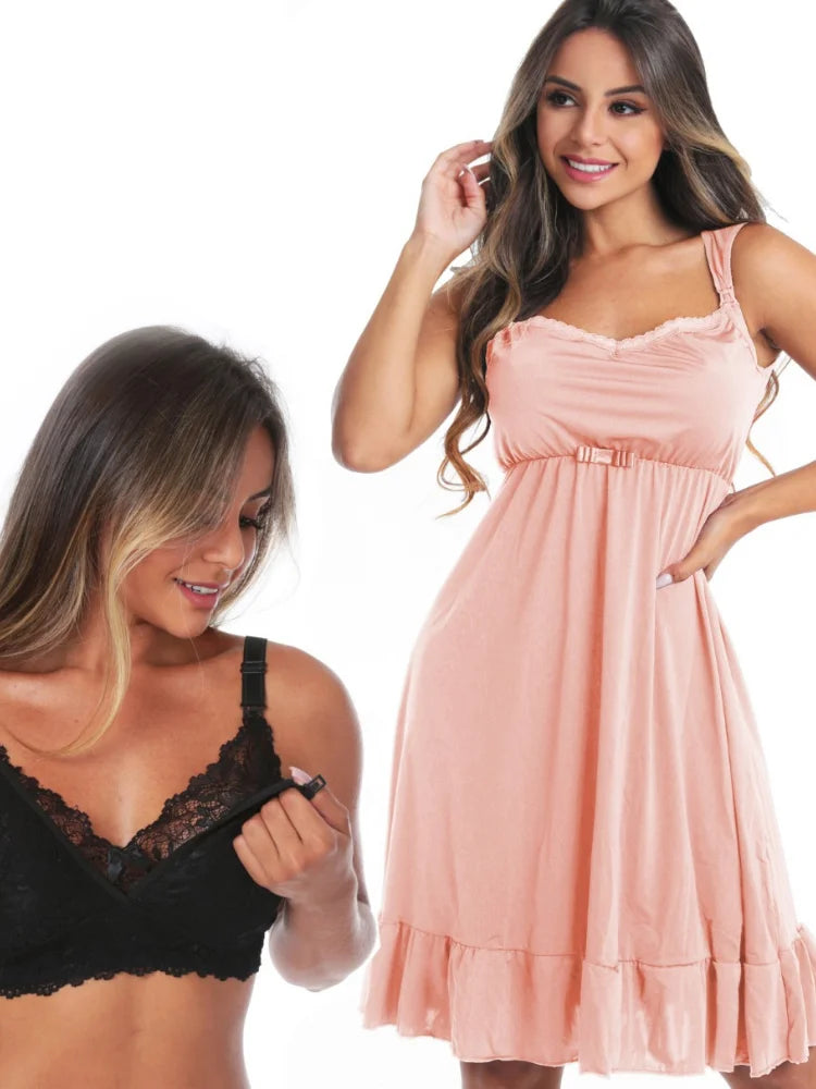 Kit Camisola e Sutiã Amamentação em Renda Conjunto Roupa Gestante Feminina Saída Maternidade Vestido Recém Nascido 2 Peças Luxo