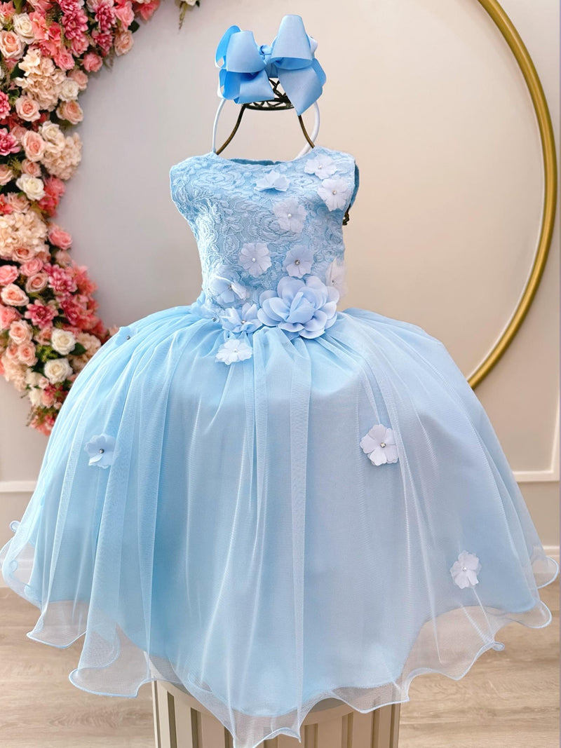 Vestido Infantil Azul C/ Renda e Aplique de Flores Formatura (4119AK)