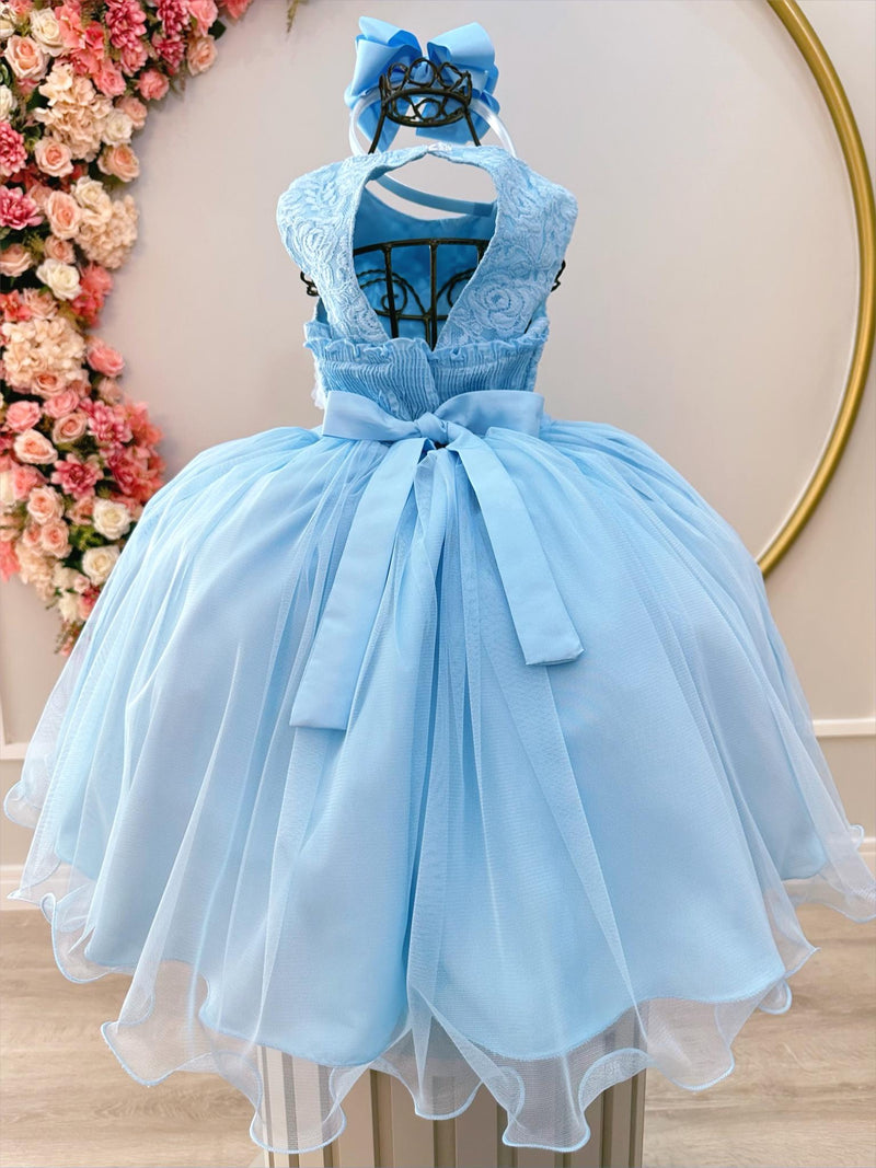 Vestido Infantil Azul C/ Renda e Aplique de Flores Formatura (4119AK)