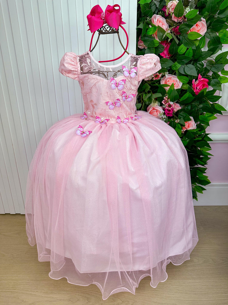 Vestido Vila Lele Longo Jardim Encantado Borboletas Rosa Bebe (VESTVLLLLGJDENCBBRSBB)