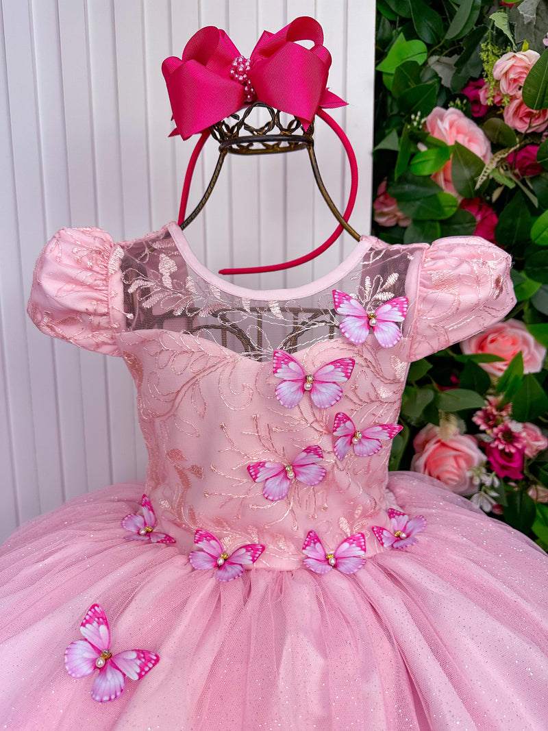 Vestido Vila Lele Longo Jardim Encantado Borboletas Rosa Bebe (VESTVLLLLGJDENCBBRSBB)