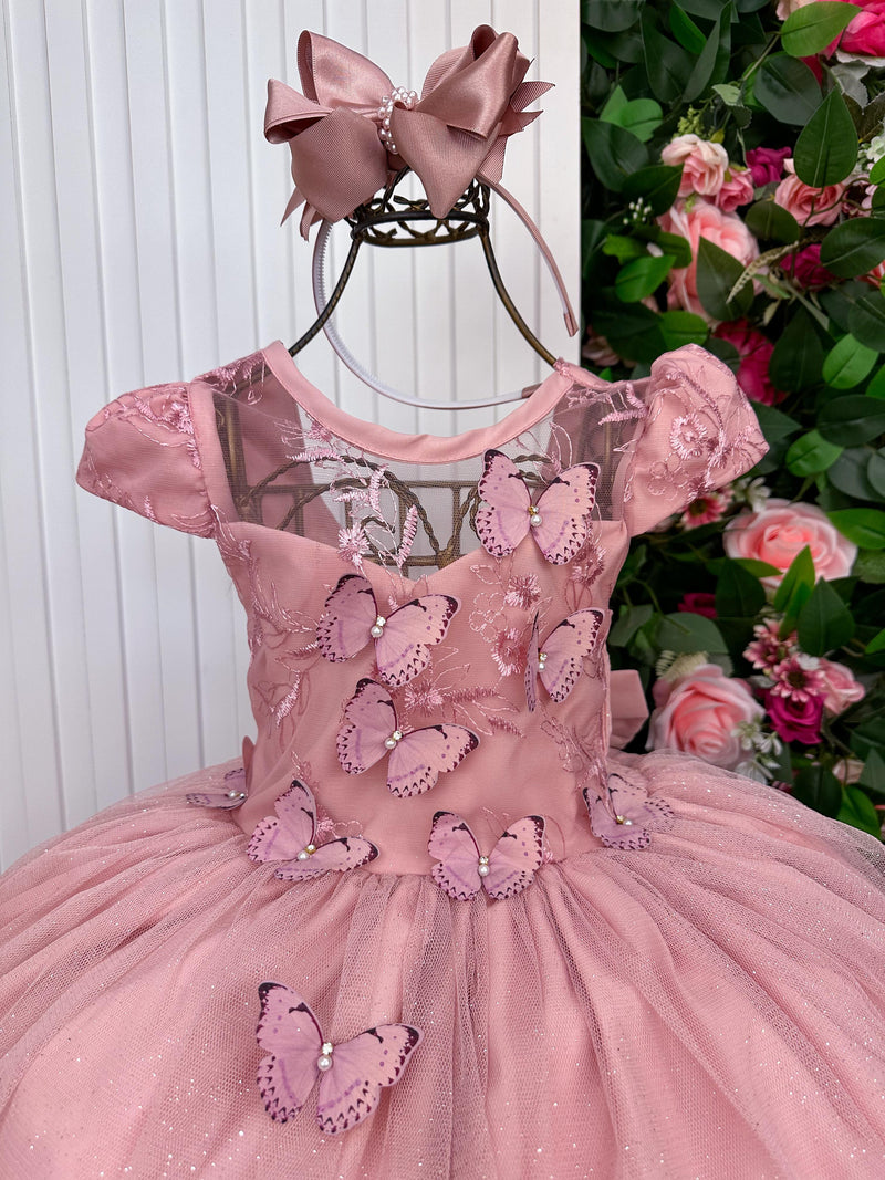 Vestido Vila Lele Longo Jardim Encantado Borboletas Rose (VESTVLLLLNGJRDENCBBRSE)