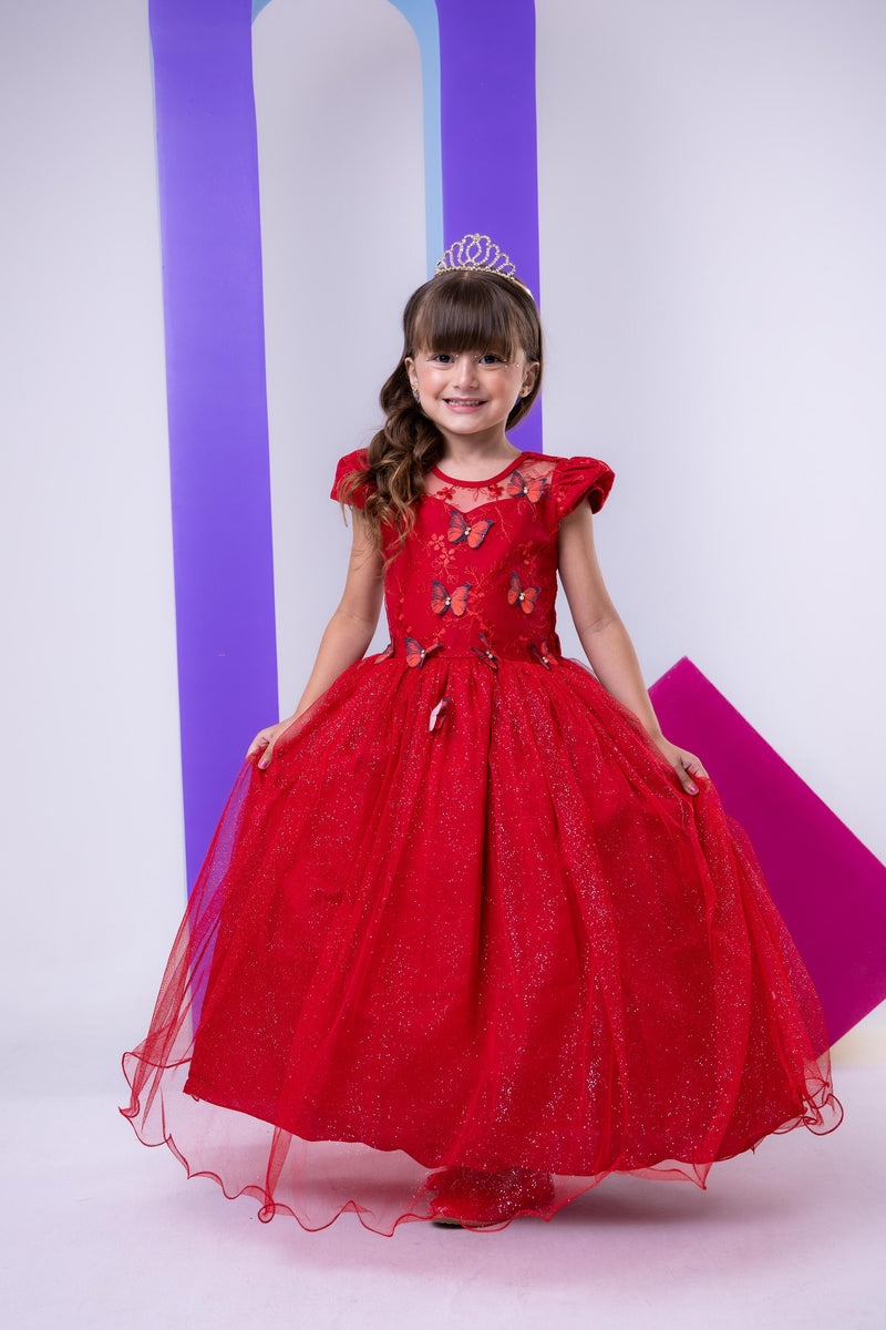 Vestido Vila Lele Longo Jardim Encantado Borboletas Vermelho (VESTVLLLLLNGJRDENCBBVML)