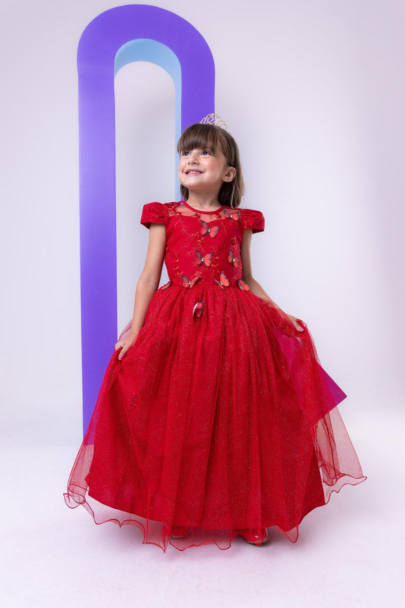 Vestido Vila Lele Longo Jardim Encantado Borboletas Vermelho (VESTVLLLLLNGJRDENCBBVML)