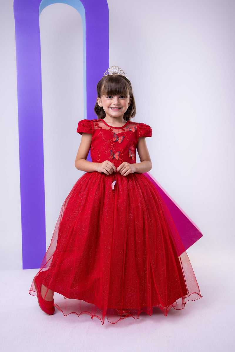 Vestido Vila Lele Longo Jardim Encantado Borboletas Vermelho (VESTVLLLLLNGJRDENCBBVML)