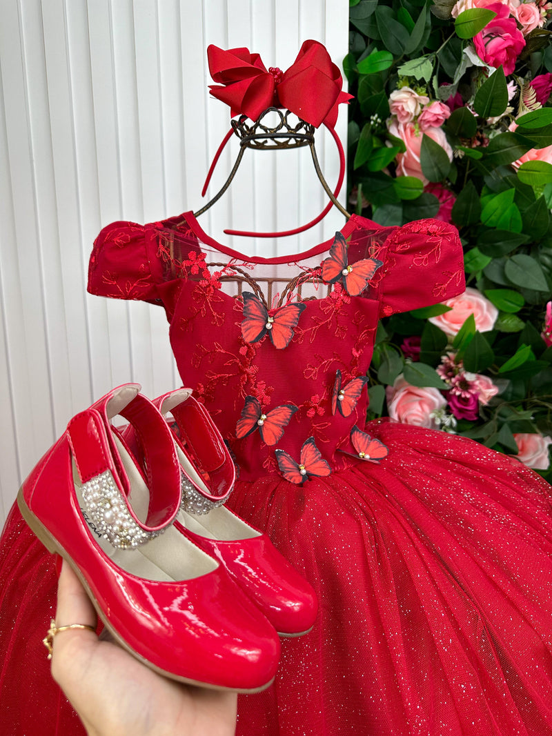 Vestido Vila Lele Longo Jardim Encantado Borboletas Vermelho (VESTVLLLLLNGJRDENCBBVML)