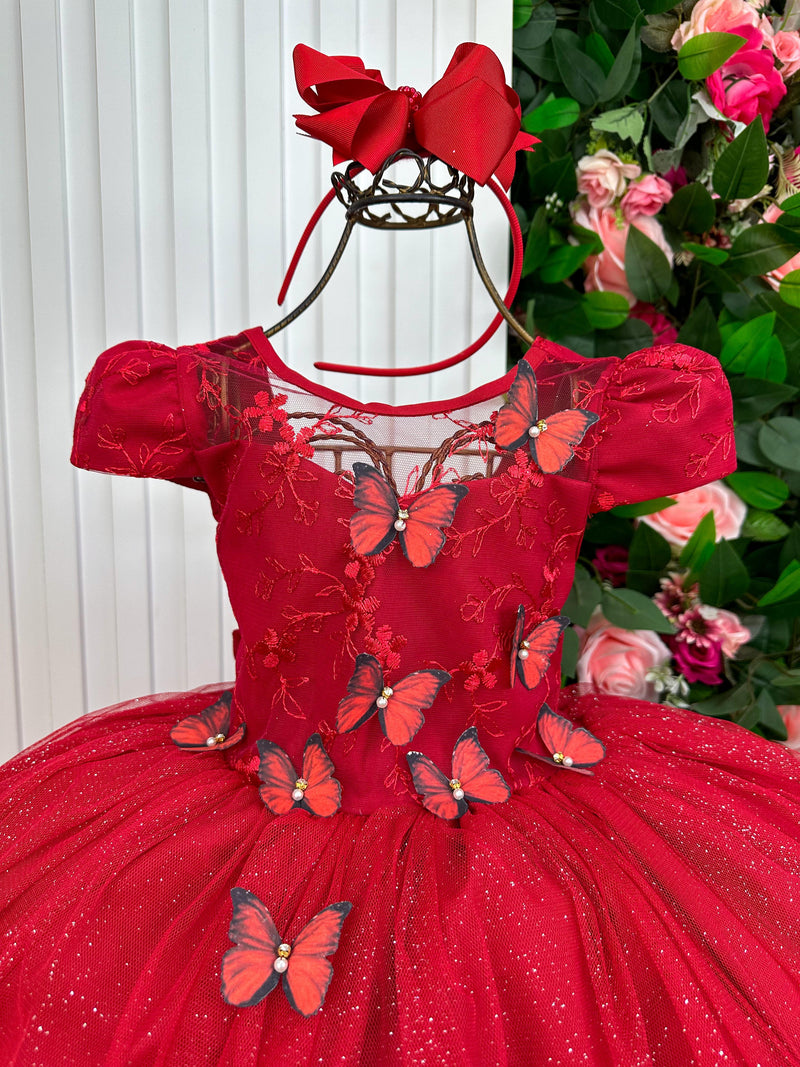 Vestido Vila Lele Longo Jardim Encantado Borboletas Vermelho (VESTVLLLLLNGJRDENCBBVML)