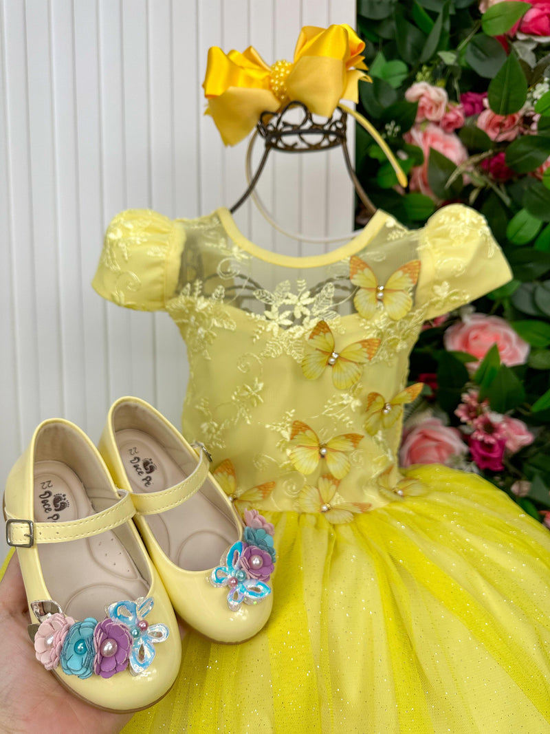 Vestido Vila Lele Longo Jardim Encantado Borboletas Amarelo (VESTVLLLLGJRDENCTBBLAMR)