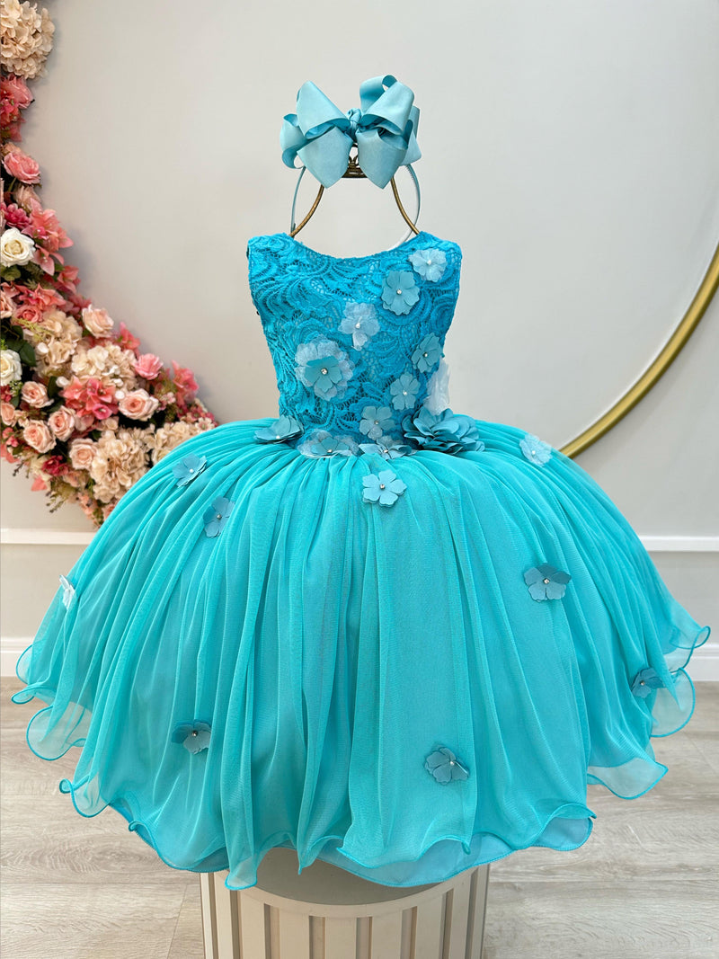 Vestido Infantil Verde C/ Renda Aplique de Flores Formatura (4119VK)