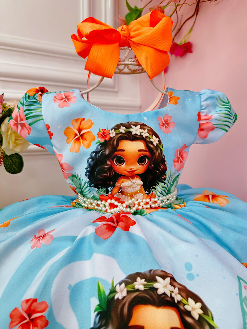 Vestido Infantil Azul Moana Doll Florido Luxo Festas (1401AZ)