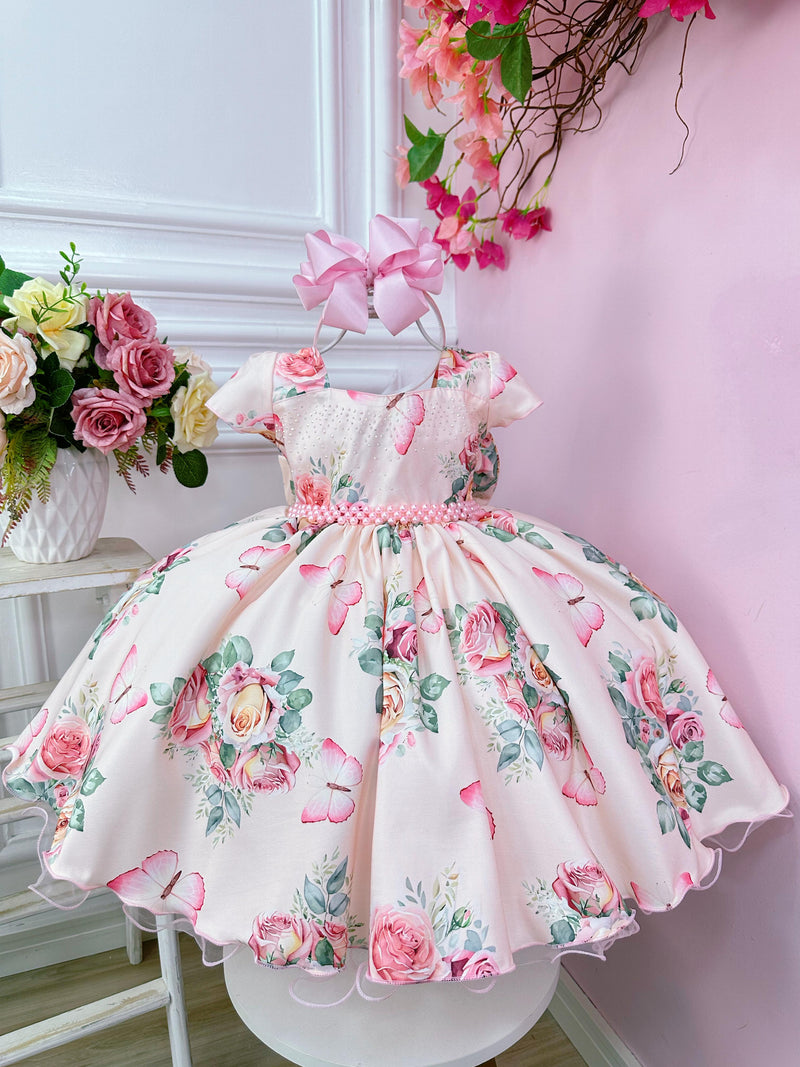 Vestido Infantil Rosa Jardim das Borboletas Strass Damas Luxo (1753RS)