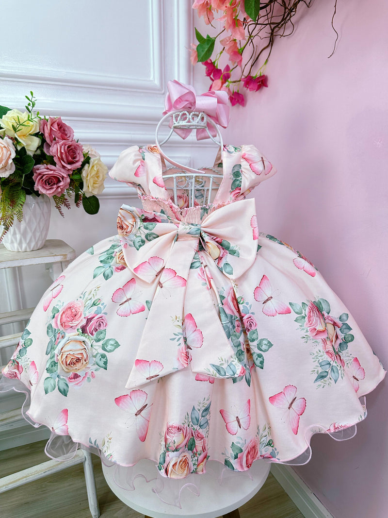 Vestido Infantil Rosa Jardim das Borboletas Strass Damas Luxo (1753RS)