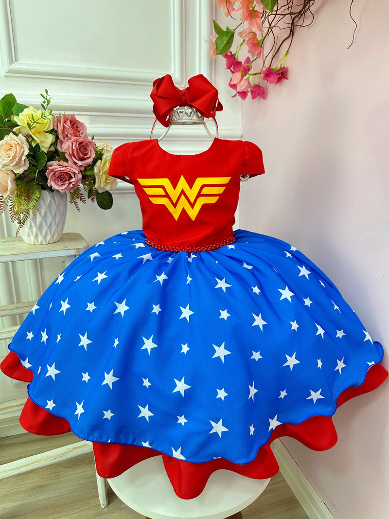 Vestido Infantil Mulher Maravilha Festa C/ Cinto de Pérolas (5059VA)