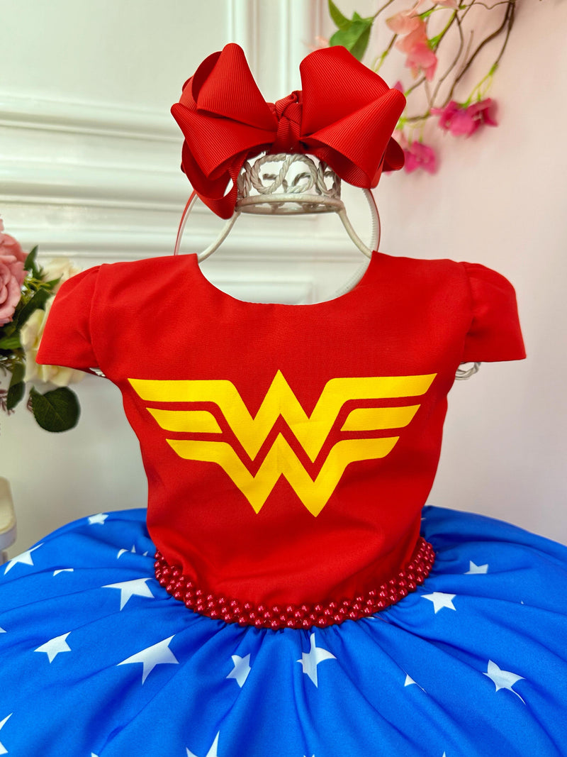 Vestido Infantil Mulher Maravilha Festa C/ Cinto de Pérolas (5059VA)