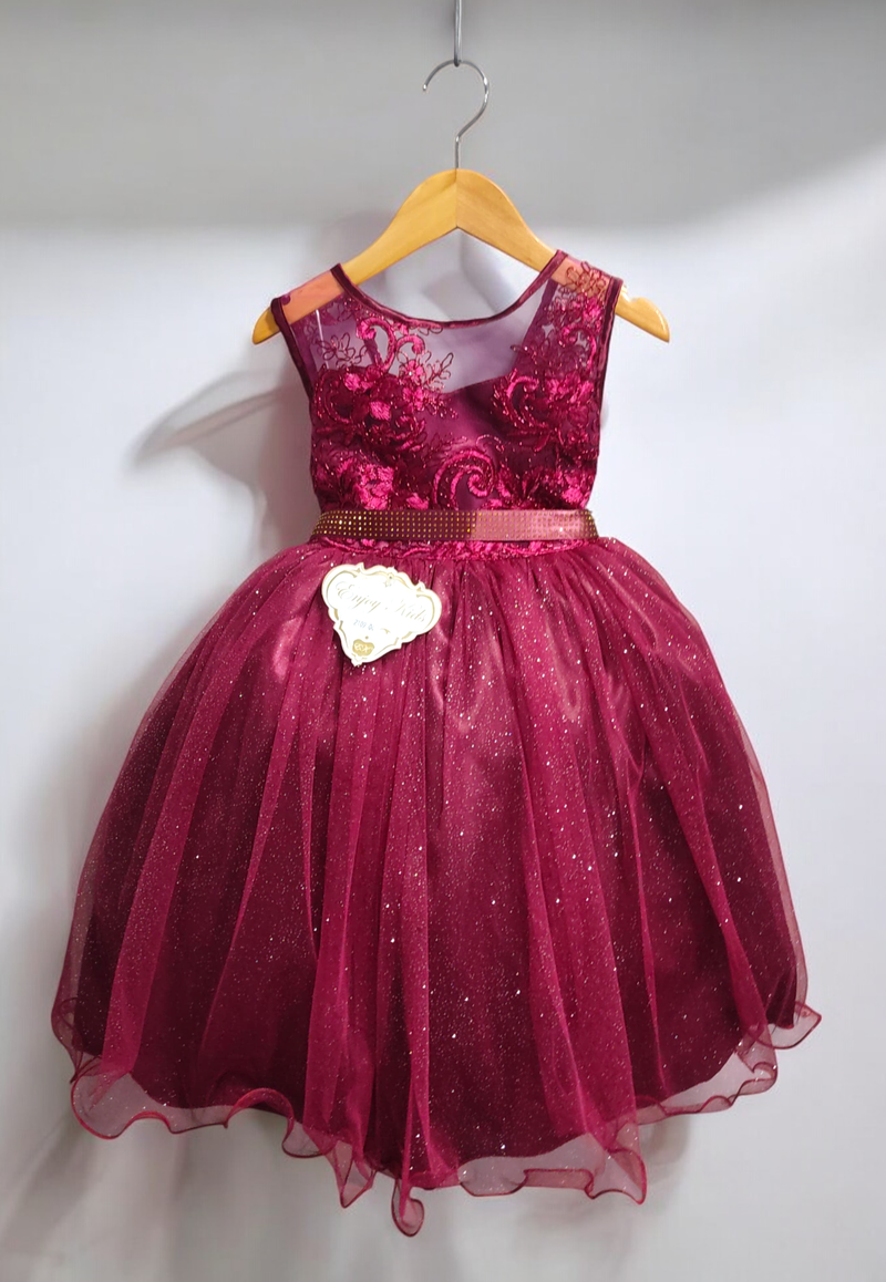 Vestido Infantil Marsala Renda Metalizada Tule C/ Brilho Damas (2109MM)