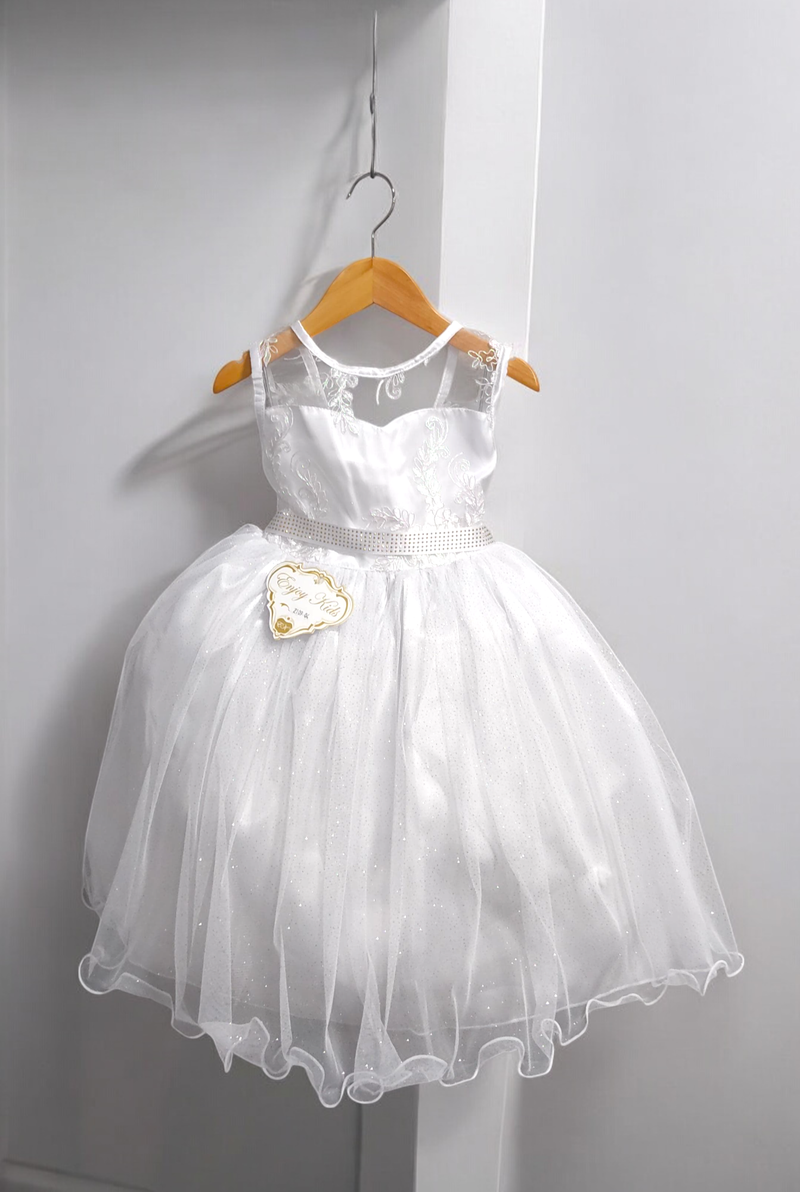 Vestido Infantil Branco Renda Metalizada Tule C/ Brilho Damas (2109BM)