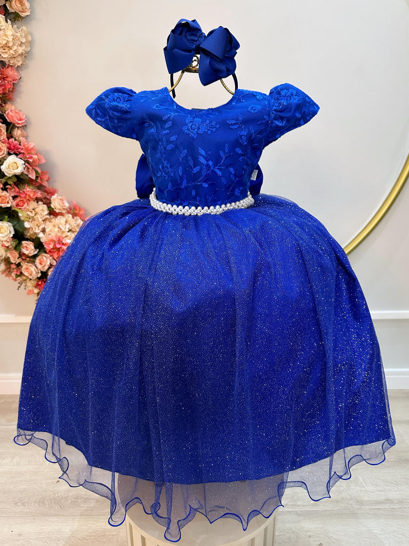 Vestido Infantil Azul Royal C/ Renda Daminhas de Honra Longo (2347AR)