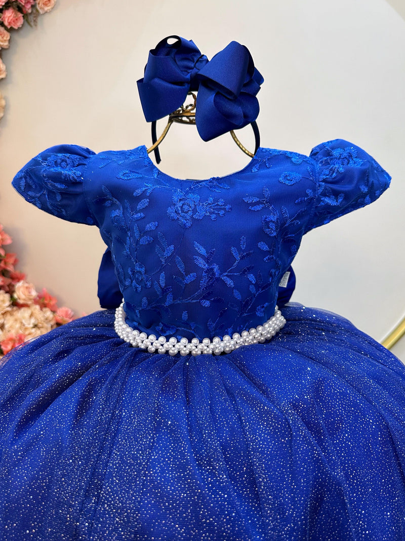 Vestido Infantil Azul Royal C/ Renda Daminhas de Honra Longo (2347AR)