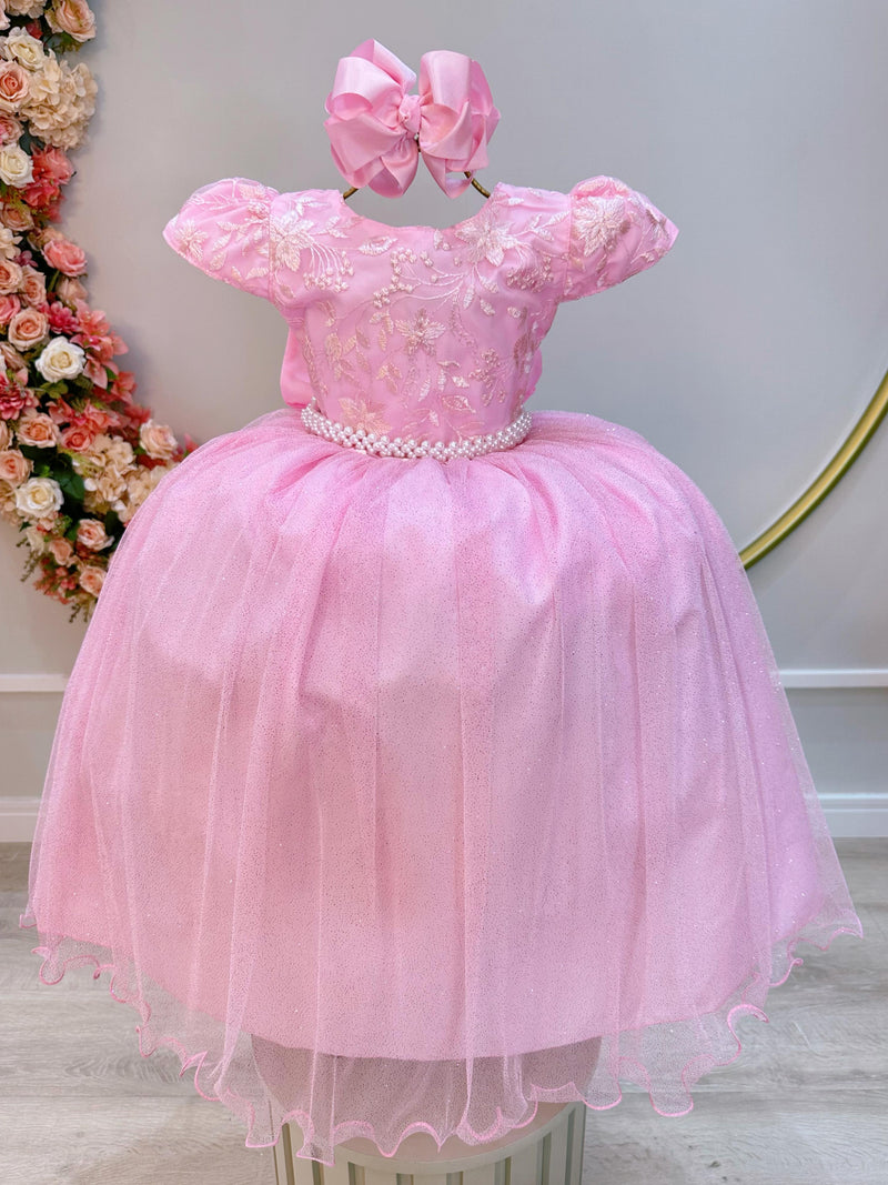 Vestido Infantil Rosa Claro C/ Renda Daminhas de Honra Longo (2347RS)